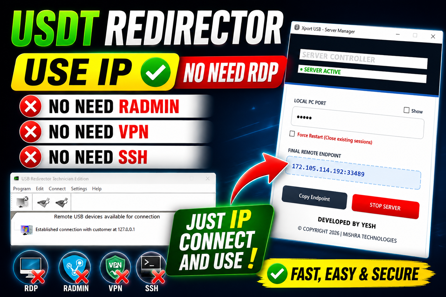 USB Redirector 1 pc life time  Use IP Only no need vpn rdp